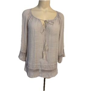 Spense Cream Boho Peasant Small Top Crochet Tie Neck Gauzy Airy Lagenlook